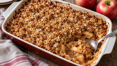 Warm apple crisp with a golden oat topping in a baking dish with a serving spoon