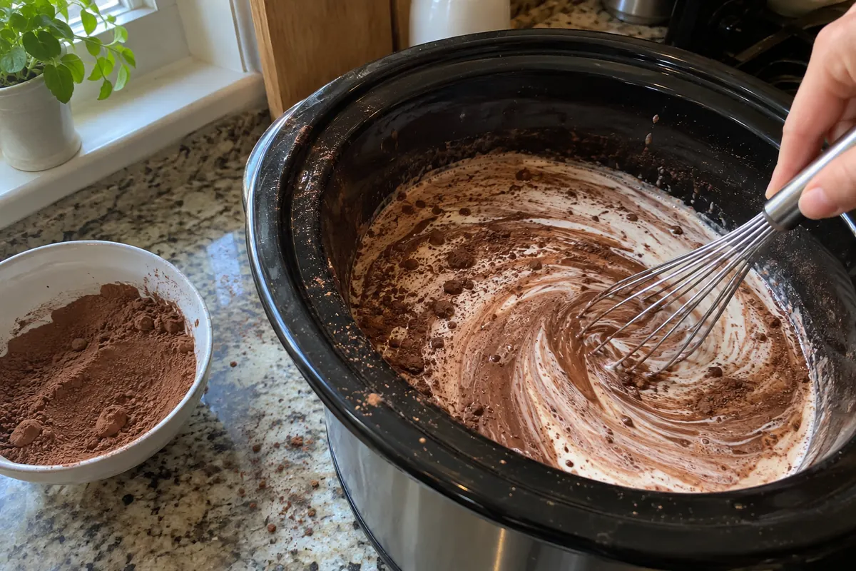Cocoa powder and heavy cream being whisked together in a slow cooker for crockpot hot chocolate