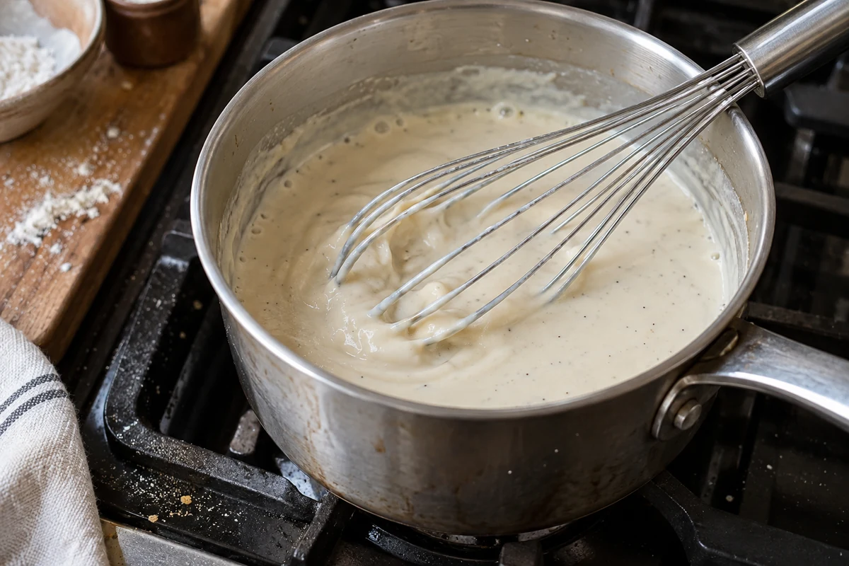 Whisk stirring thick creamy homemade soup in a small saucepan on a stove