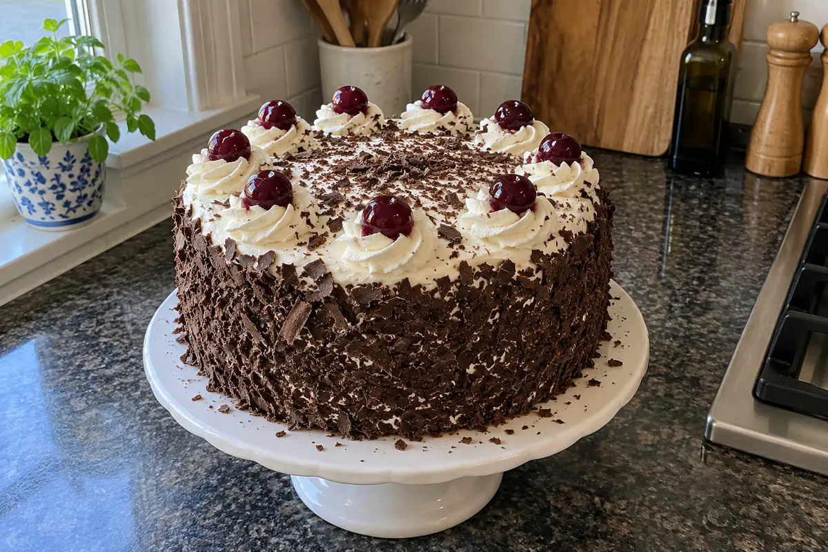 Whole black forest cake on a cake stand with chocolate shavings on the sides and whipped cream rosettes topped with cherries