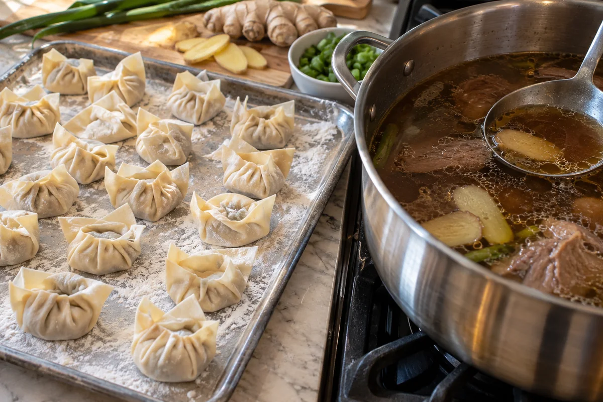 Raw pleated wontons lined up on a tray next to a pot of simmering beef broth