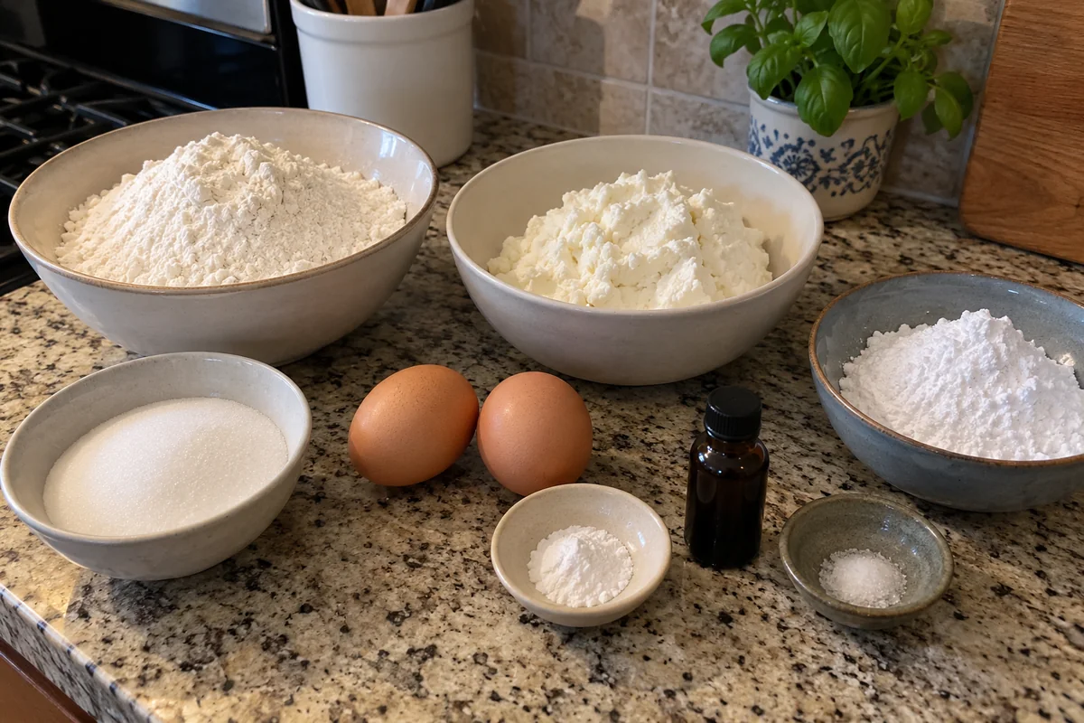 Ingredients for zeppole in plain unlabeled bowls: flour, ricotta, eggs, sugar, baking powder and vanilla