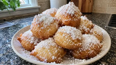 Pile of golden zeppole heavily dusted with powdered sugar on a pale plate on a granite kitchen counter