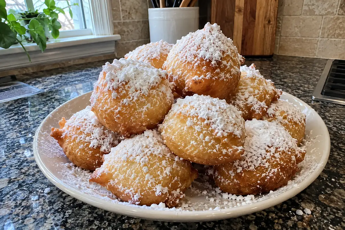 Pile of golden zeppole heavily dusted with powdered sugar on a pale plate on a granite kitchen counter
