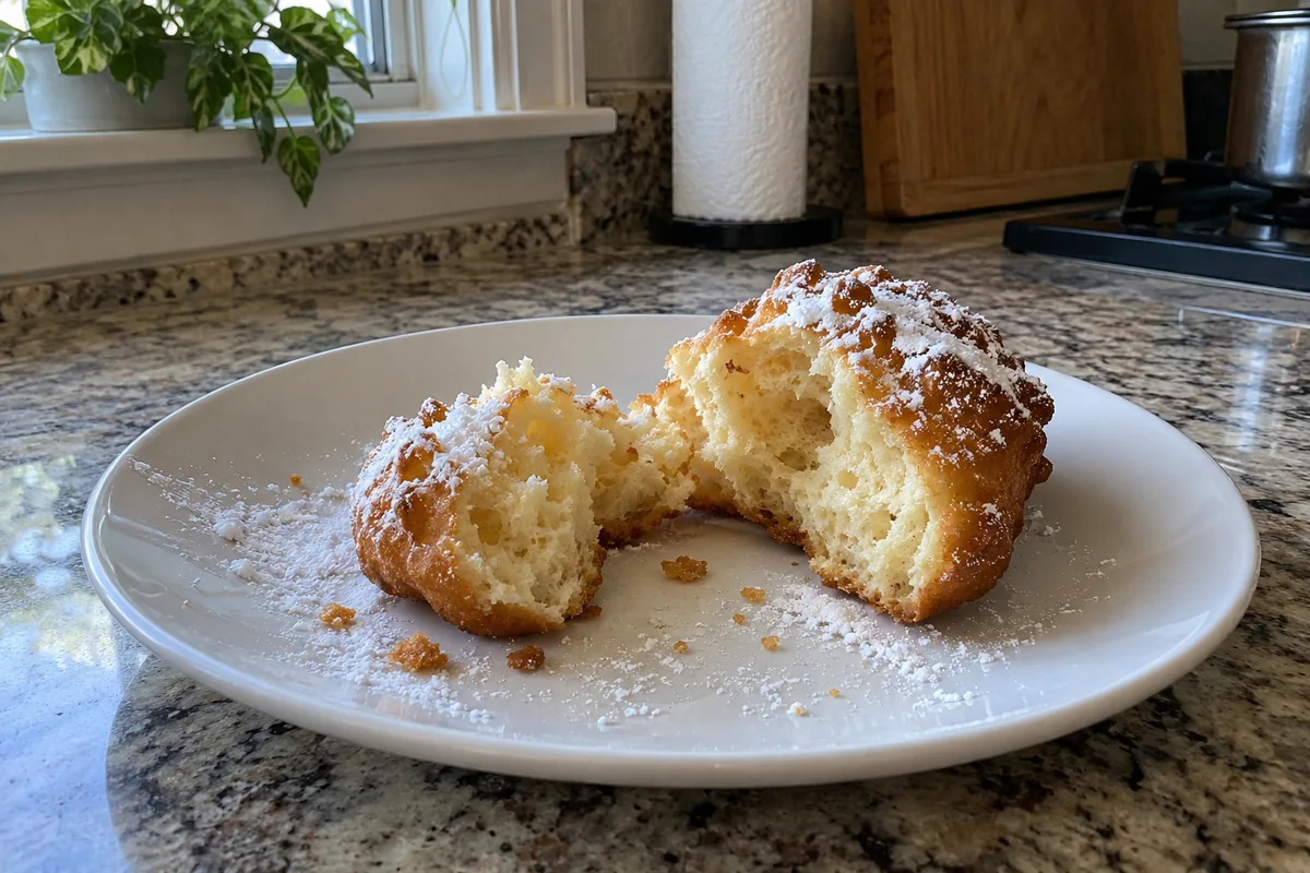 One zeppole torn open showing the soft airy inside with powdered sugar on the crust