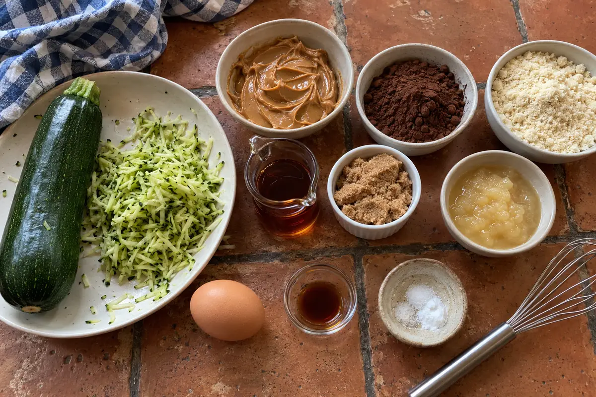 Ingredients for chocolate peanut butter zucchini brownies: zucchini, peanut butter, cocoa, almond flour, maple syrup, brown sugar, egg and applesauce