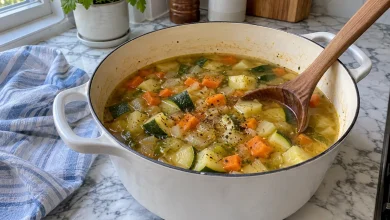 Zucchini vegetable soup with tender zucchini and carrots in golden broth in a white pot