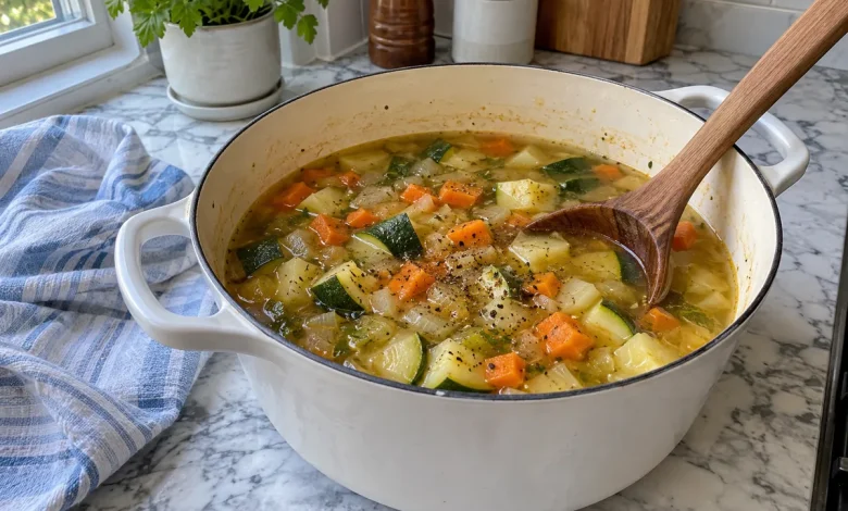 Zucchini vegetable soup with tender zucchini and carrots in golden broth in a white pot