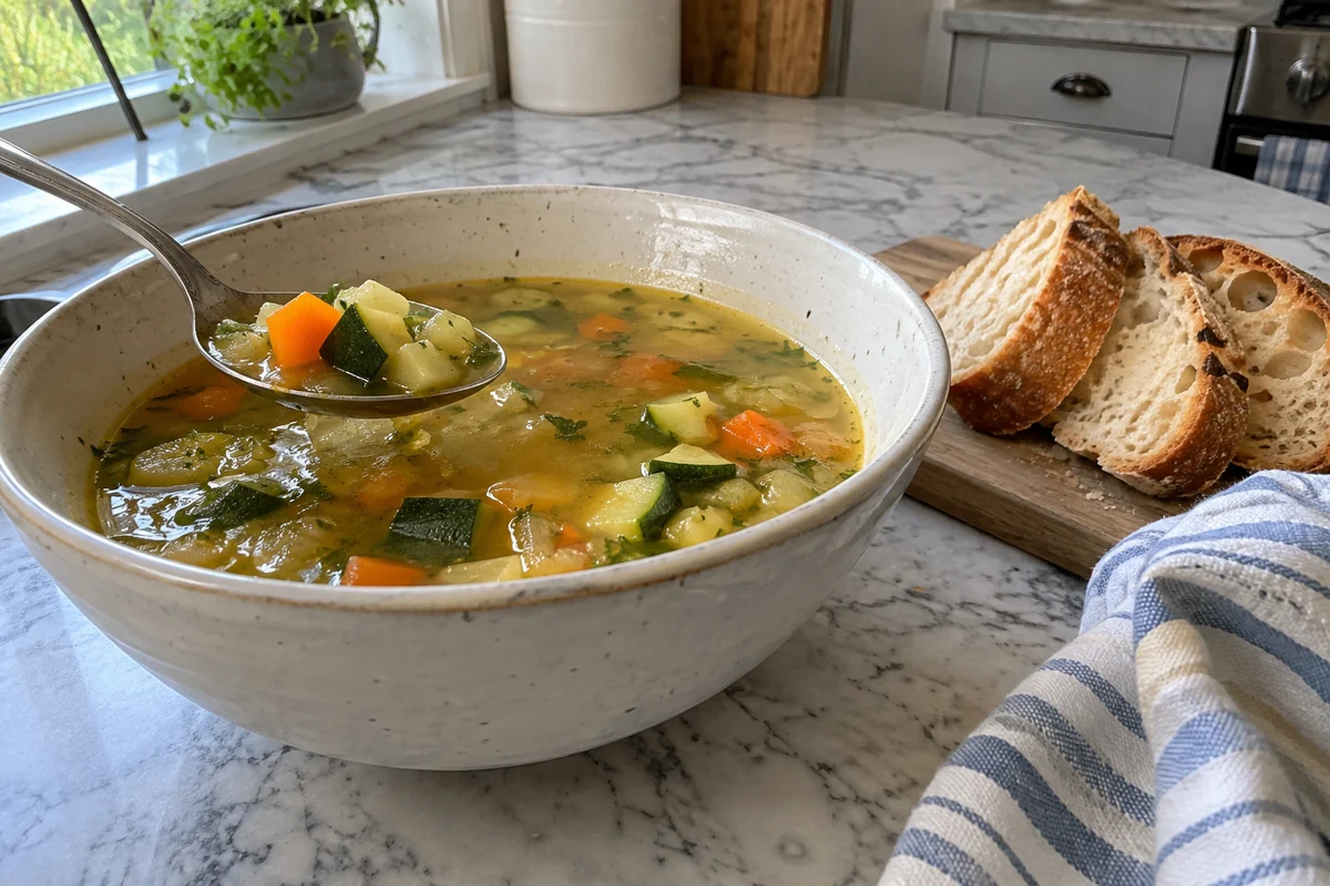 A bowl of zucchini vegetable soup served with crusty bread