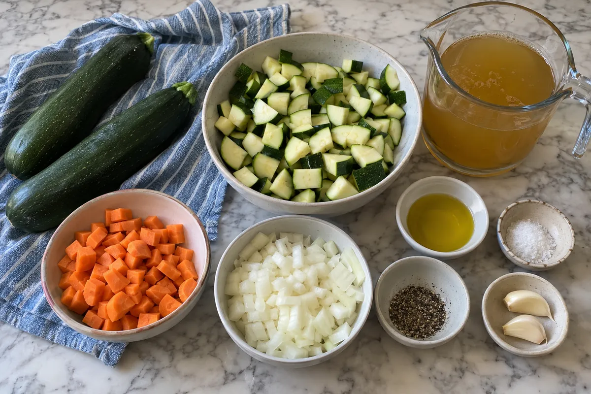 Ingredients for zucchini vegetable soup: zucchini, carrot, onion, garlic, vegetable broth, olive oil, salt and pepper
