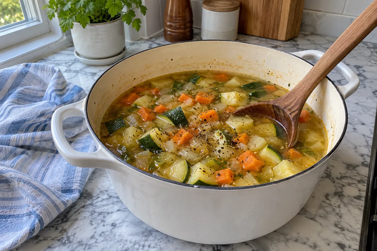 Zucchini vegetable soup with tender zucchini and carrots in golden broth in a white pot