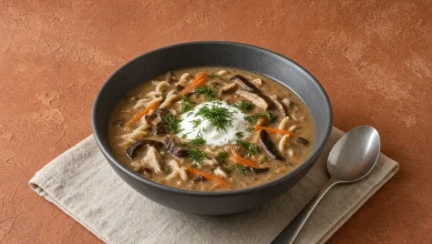 Zupa grzybowa Polish mushroom soup in a charcoal bowl with egg noodles, sour cream and fresh dill