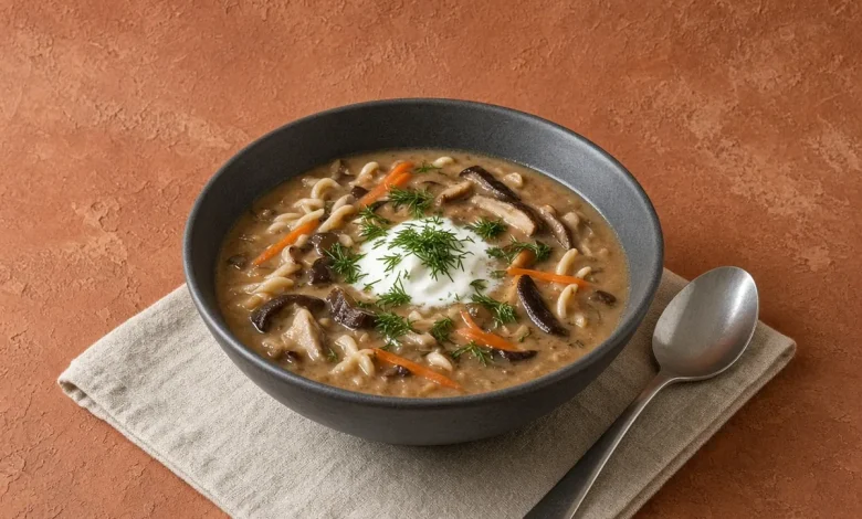 Zupa grzybowa Polish mushroom soup in a charcoal bowl with egg noodles, sour cream and fresh dill