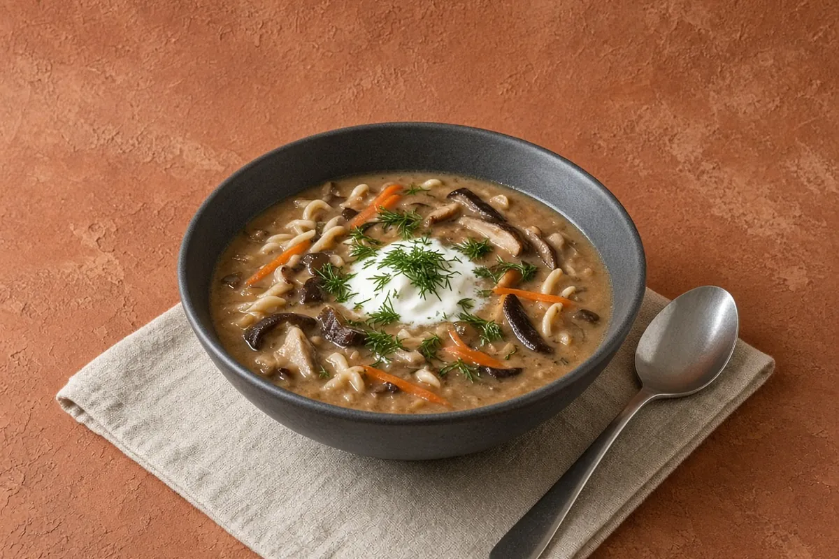 Zupa grzybowa Polish mushroom soup in a charcoal bowl with egg noodles, sour cream and fresh dill