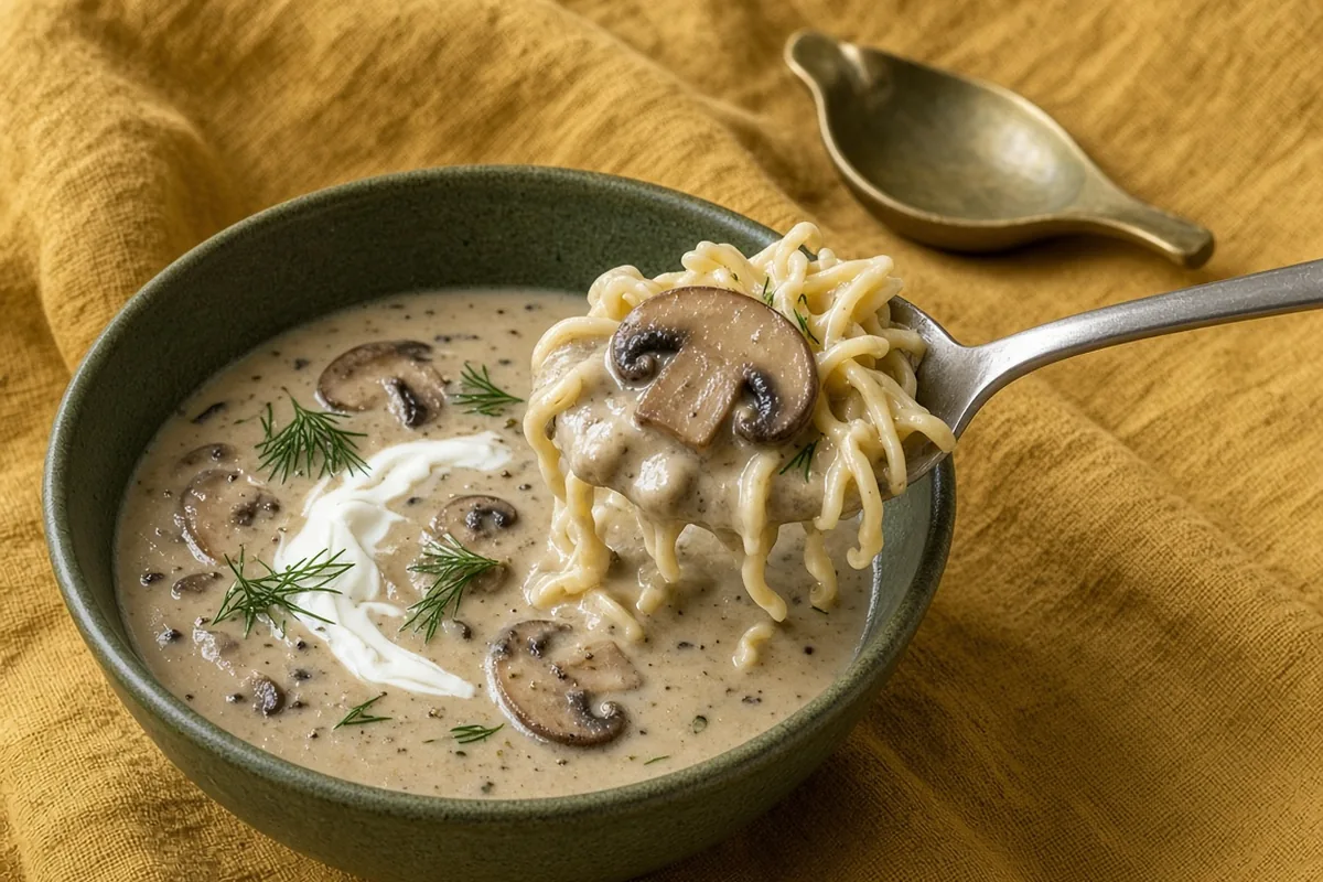 Creamy Polish mushroom soup with sliced forest mushrooms and dill in an olive green bowl