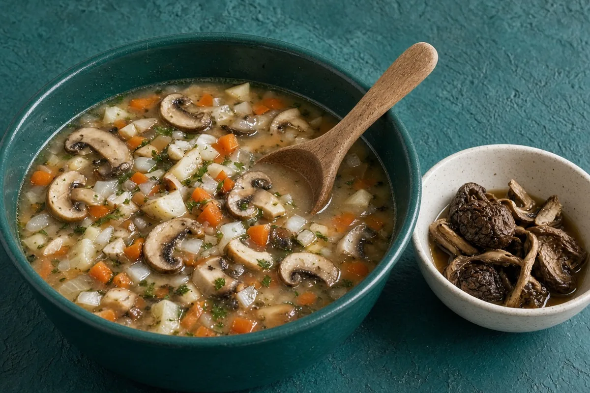 Pot of zupa grzybowa with dried mushrooms, carrot and parsley root simmering in a golden broth