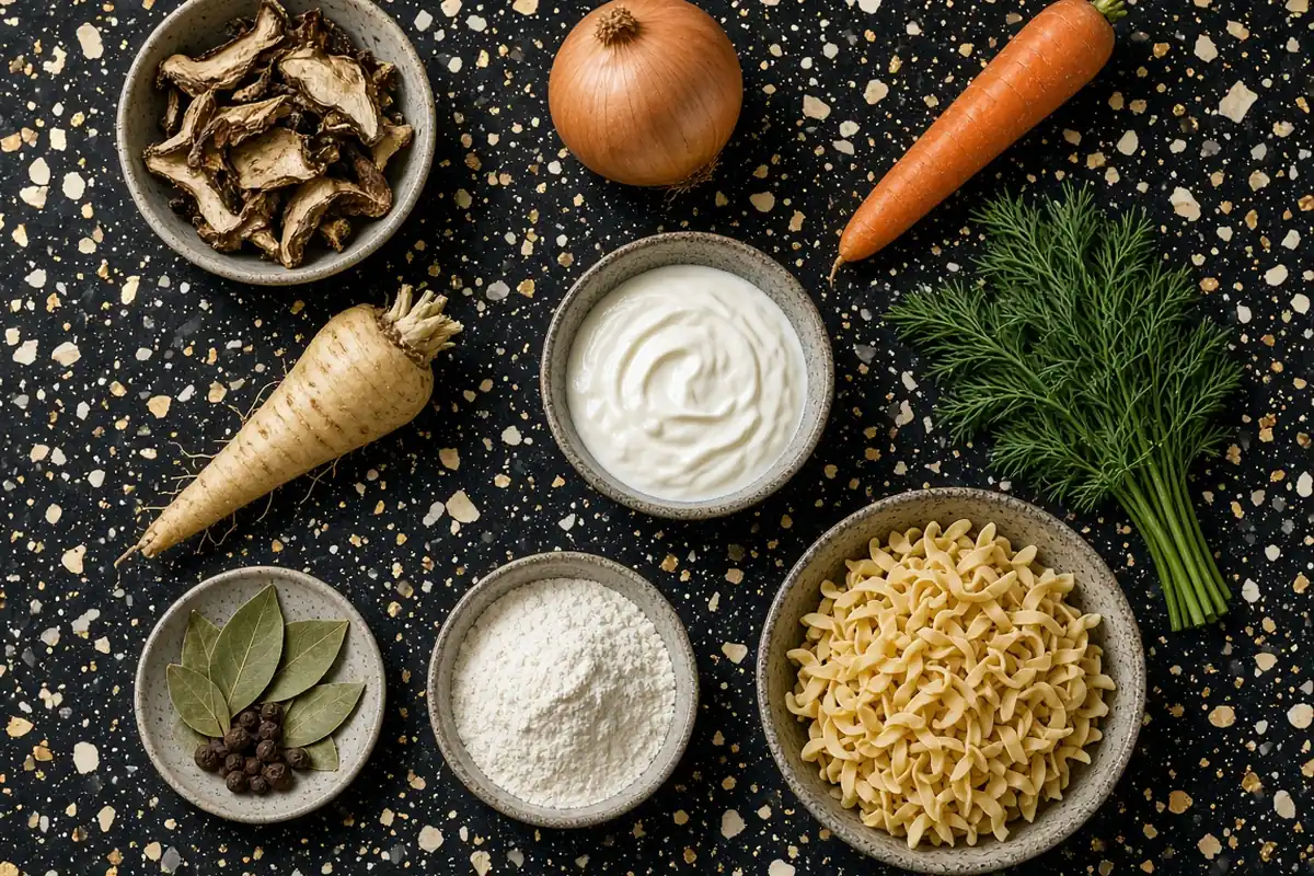 Overhead view of Polish mushroom soup over egg noodles with sour cream and chopped dill